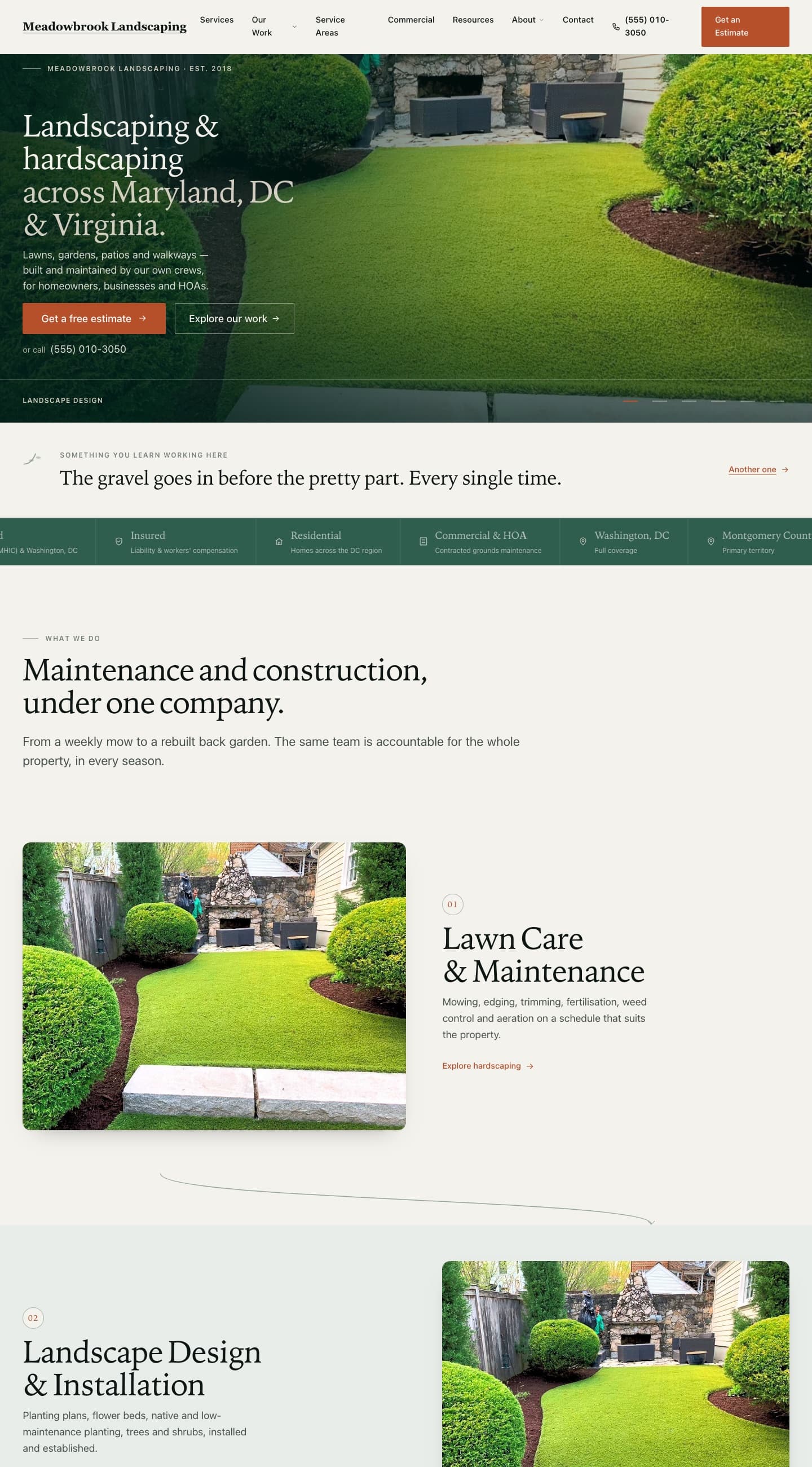 The Meadowbrook Landscaping website design, shown on desktop
