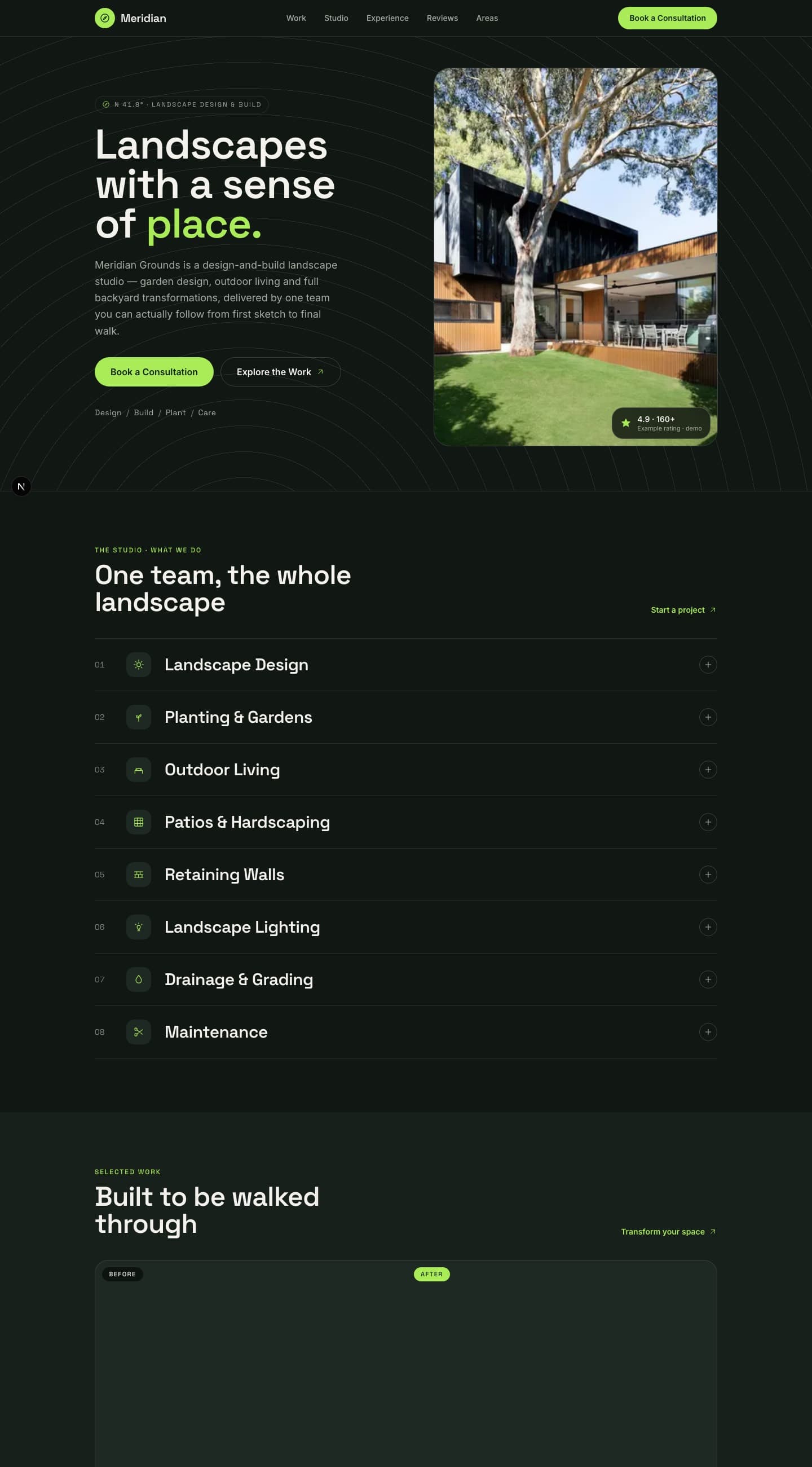The Meridian website design — Dark, immersive and design-studio bold, built mobile-first.