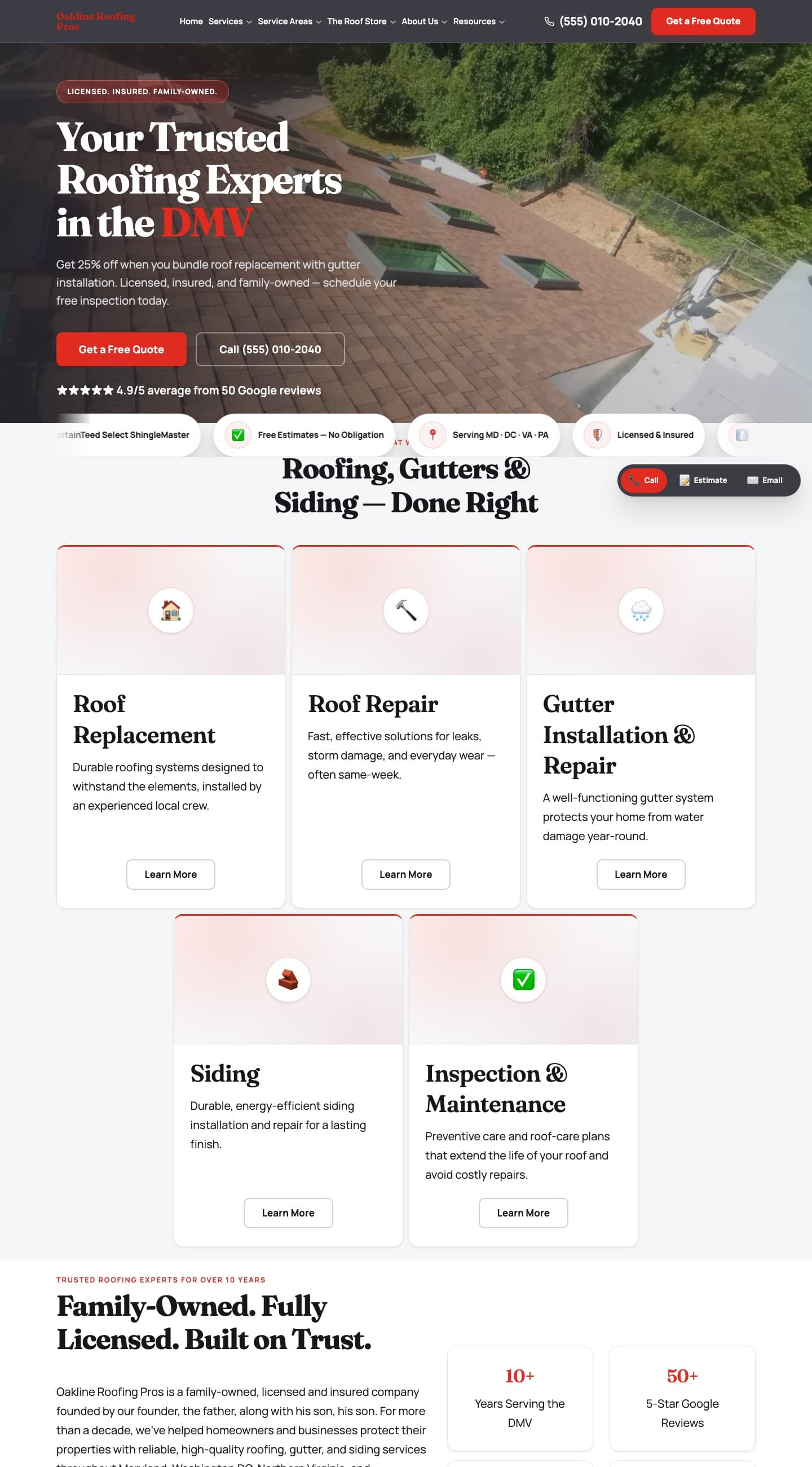 The Oakline Roofing website design, shown on desktop