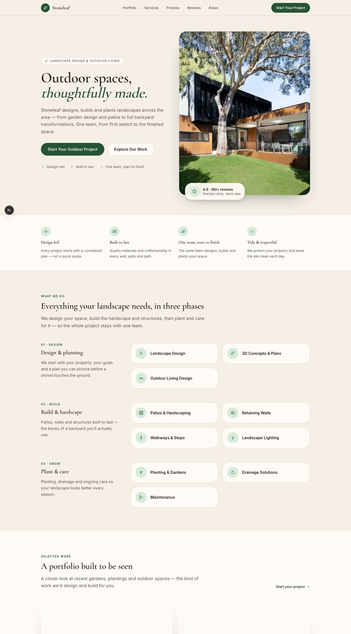 The Stoneleaf website design — Editorial and design-led, built around a portfolio.