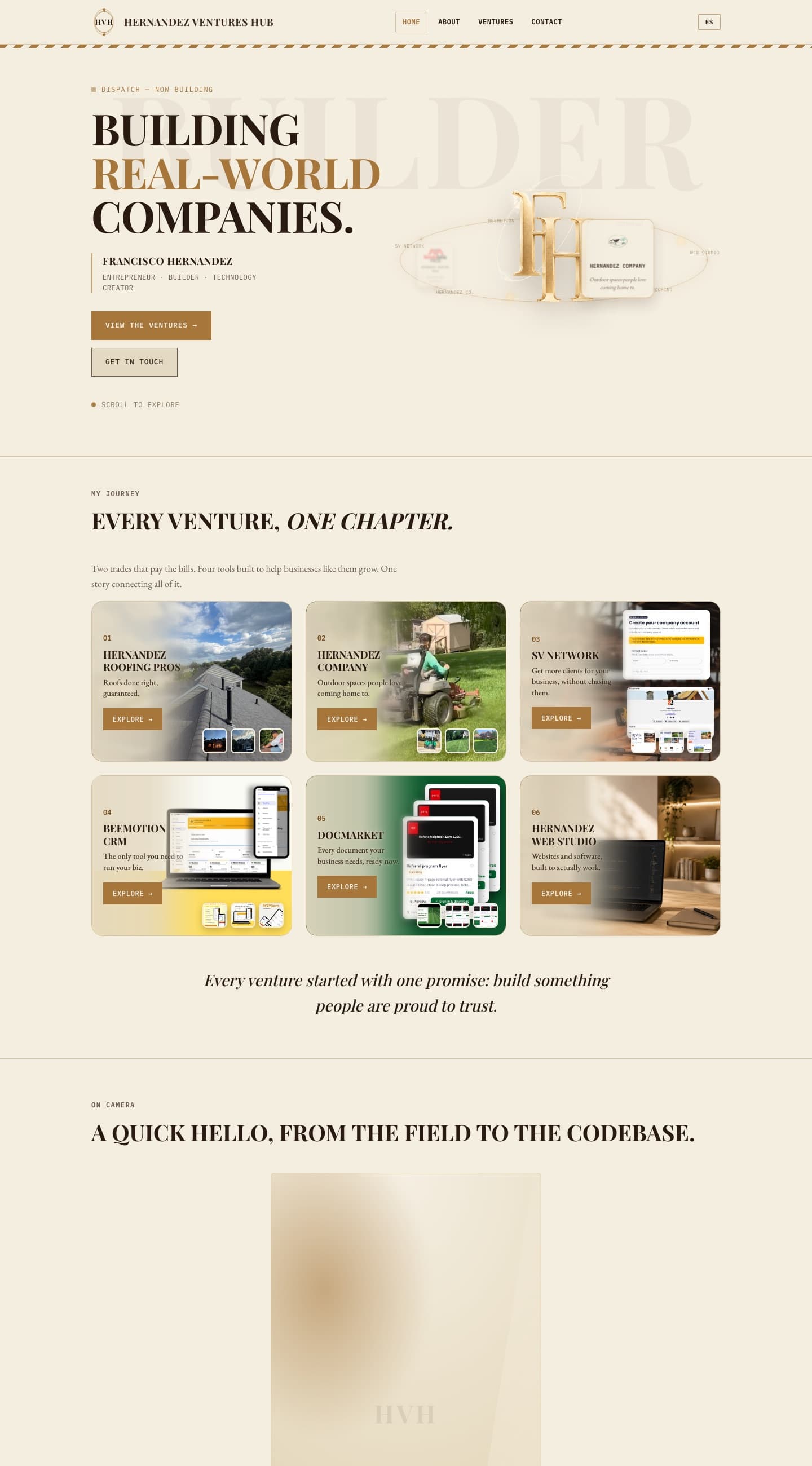 The Hernandez Ventures Hub website design — An editorial operator/founder personal-brand site with a bold serif identity.